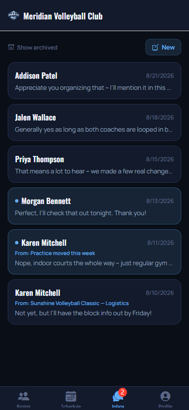 Messages inbox on the TravelSportsHQ mobile app